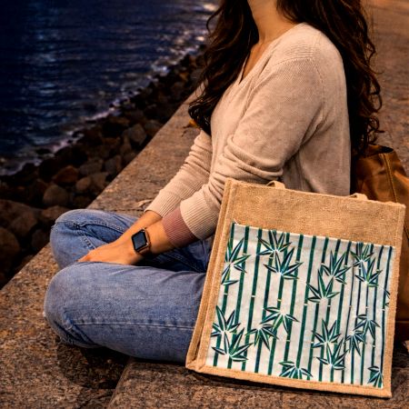 Natural Jute Cotton Laminated Eco Friendly Bag Handmade